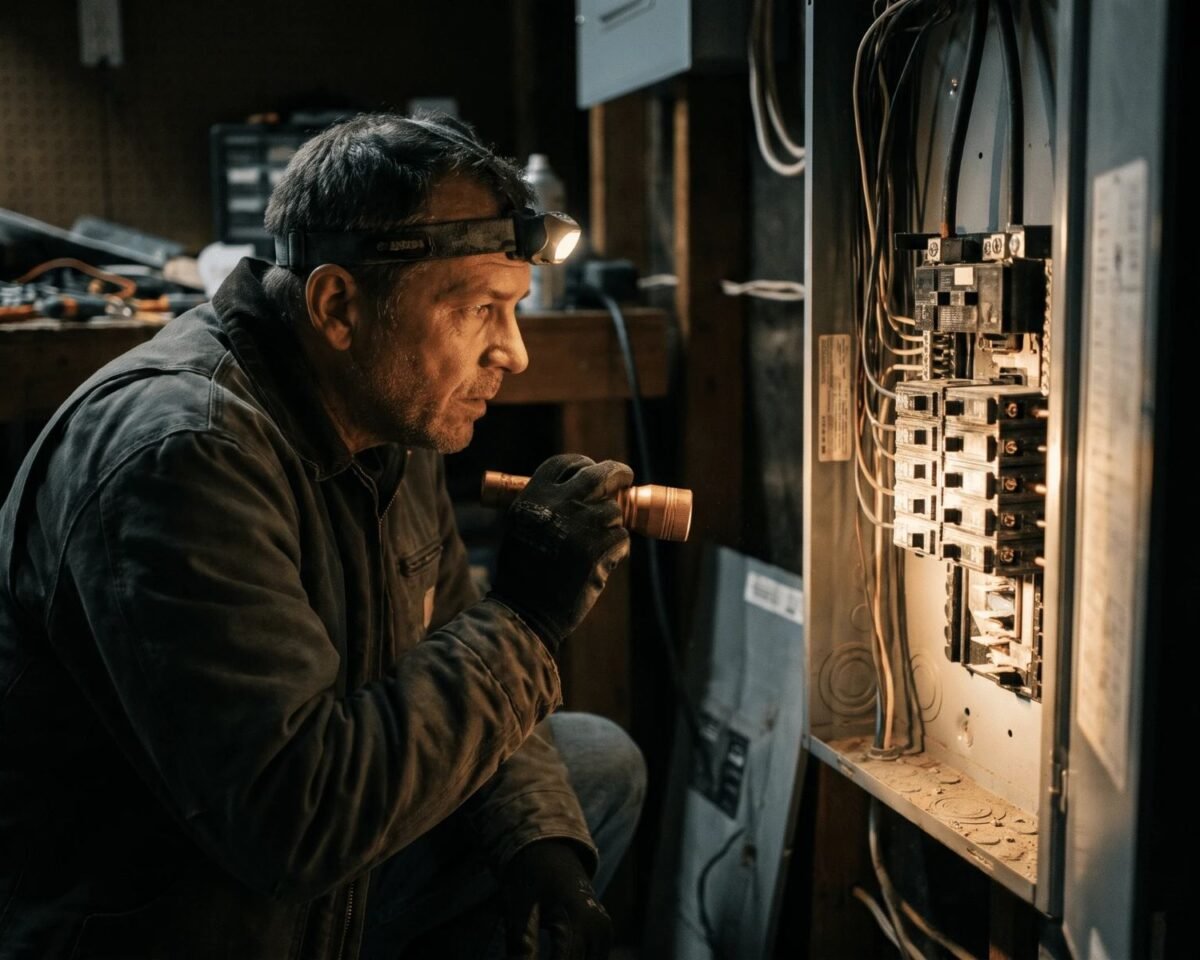 Electrician with a headlamp inspecting a breaker panel at night