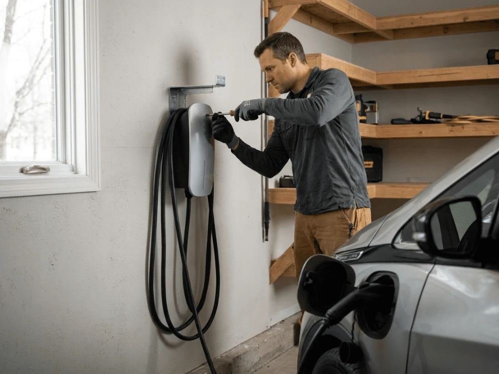 Electrician installing a Level 2 EV charger in a home garage